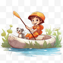 充气池图片_小男孩渔夫拿着钓竿和一只小狗在