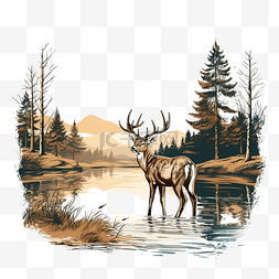 复古麋鹿图片_湖边的鹿艺术线条插画