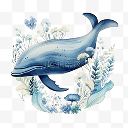 和孩子游泳图片_水彩作品与蓝鲸和花朵水下动物艺