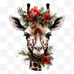 圣诞花矢量图片_手绘长颈鹿肖像与圣诞花矢量