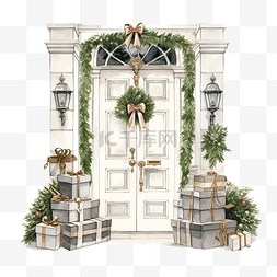 经典白色前门的插图，配有圣诞礼