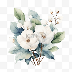 蓝色棉花图片_水彩元素树叶和棉花花束