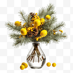 木色墙图片_一束冷杉树枝圣诞装饰品黄色玻璃