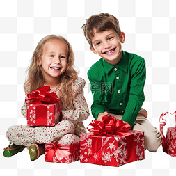 圣诞树附近快乐的孩子们带着礼物