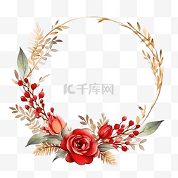 水彩圣诞金色框架与鲜花玫瑰和一