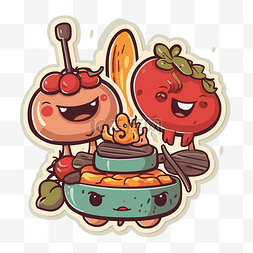 两个水果图片_两个卡通水果人物和烧烤 向量