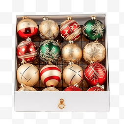 盒子里有不同形状和颜色的圣诞球