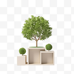 产品广告图片_3D 渲染立方体讲台，周围有绿树，