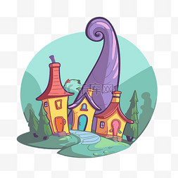带紫色帽子和蘑菇的卡通联排别墅