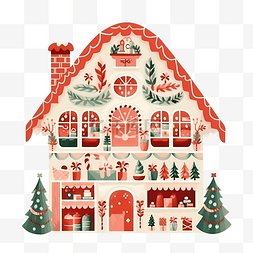 平面卡通房子图片_装饰圣诞屋内平面彩色插图