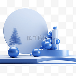 渲染场景素材图片_蓝色抽象与讲台和圣诞树的 3d 渲