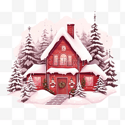 雪中树图片_一栋红色舒适的房子，屋顶在雪中
