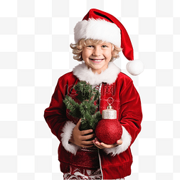 一个打扮成圣诞老人的可爱小男孩