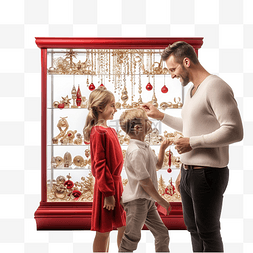 圣诞合成素材图片_身穿圣诞服装的家庭观看珠宝展示