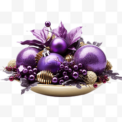 带雪的松果图片_带闪光和紫色小玩意的圣诞中心装