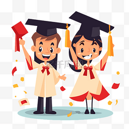 恭喜恭喜表情图片_恭喜剪贴画两个孩子在毕业帽和礼