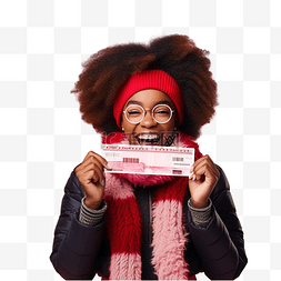非洲女孩拿着机票，戴着圣诞帽，