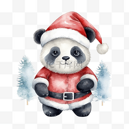 水彩动物插画素材图片_可爱的熊猫在圣诞老人服装水彩圣