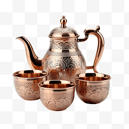 茶壶和茶杯图片_具有艺术雕花的铜茶壶和茶杯