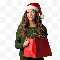 购物袋的女孩图片_戴着圣诞帽和购物袋的女孩在孤立