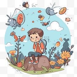 想象剪贴画男孩坐在岛上与蝴蝶卡