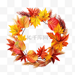 秋冬花环图片_色彩缤纷的秋叶制成的感恩节快乐
