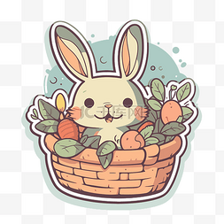 兔子在篮子里，鲜花和蔬菜剪贴画