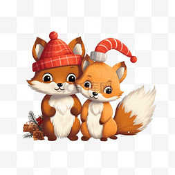 插画圣诞快乐图片_圣诞快乐季节设计中的狐狸和松鼠