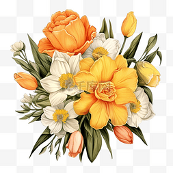 手绘花瓶中的花卉图片_花束插图中的水仙花和郁金香