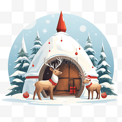 在圣诞节下雪图片_与圣诞老人和鹿在冰屋附近圣诞快