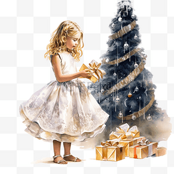 快乐宝贝图片_圣诞树旁穿着优雅公主裙的快乐小
