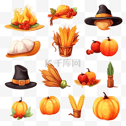 貼紙模板图片_感恩节季节性秋季设计的图标火鸡