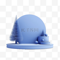 蓝色抽象与讲台和圣诞树的 3d 渲