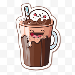 一张可爱的卡通热巧克力和一勺冰