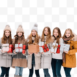 冬天唯美高清图片_一大群手里拿着圣诞礼物的女孩站