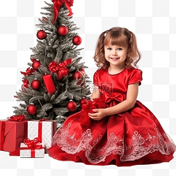 一个穿红裙子的小女孩坐在圣诞树