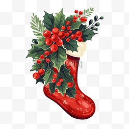 矢量圣诞袜图片_圣诞袜与花束浆果叶子袜子平面卡