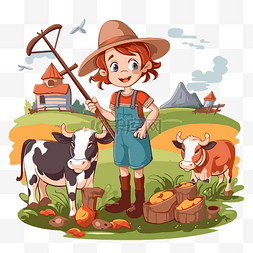 农业剪贴画农民女孩与山羊卡通 