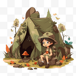 露营剪贴画卡通女孩探险家在树旁
