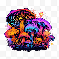 迷幻水彩图片_彩虹霓虹灯蘑菇png绘图