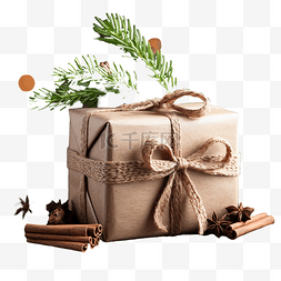 圣诞礼物盒和冷杉树枝，配上肉桂