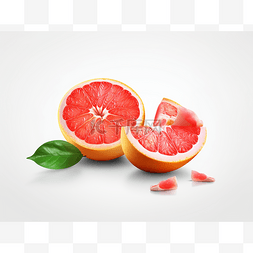 切成格子的芒果图片_带叶子的葡萄柚，切成两半