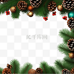 悬挂的树枝图片_绿色枞树和带锥体边框的圣诞装饰