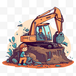 用挖掘机在田间挖掘儿童的剪贴画