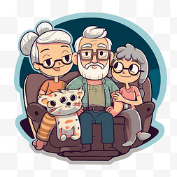 卡通情侣和祖父母坐在沙发上剪贴