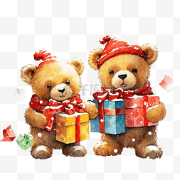 圣诞节的夜晚图片_雪夜里带着礼品盒的圣诞熊