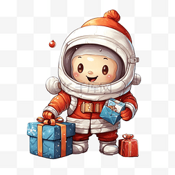太空服卡通图片_戴着圣诞帽和圣诞礼物的可爱卡通