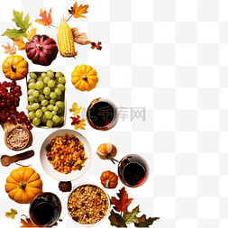 平铺美食图片_感恩节庆祝餐桌平铺，配有秋季食