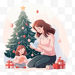 寒假工招人宣传图片_一个女孩和她的母亲在圣诞树附近