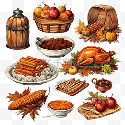 食物和传统感恩节配饰的集合